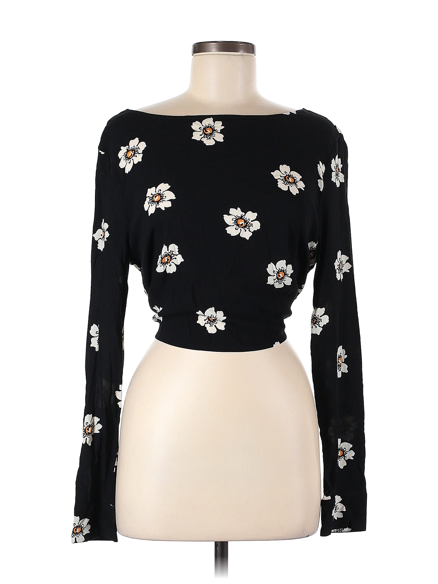 Kendall & Kylie 100% Rayon Floral Black Long Sleeve Blouse Size L - 56% ...