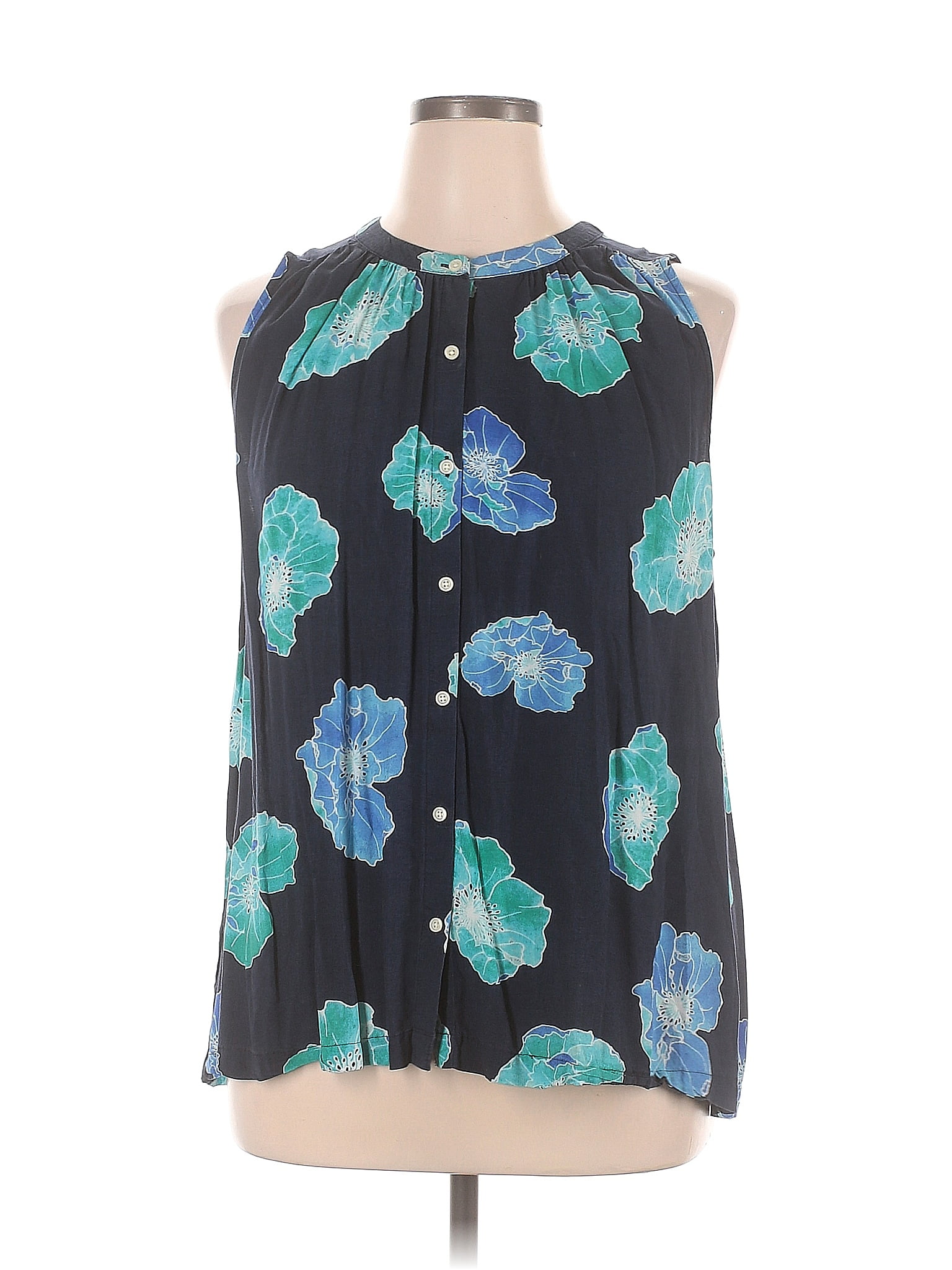 Ann Taylor Loft Outlet Floral Blue Sleeveless Button Down Shirt Size Xl