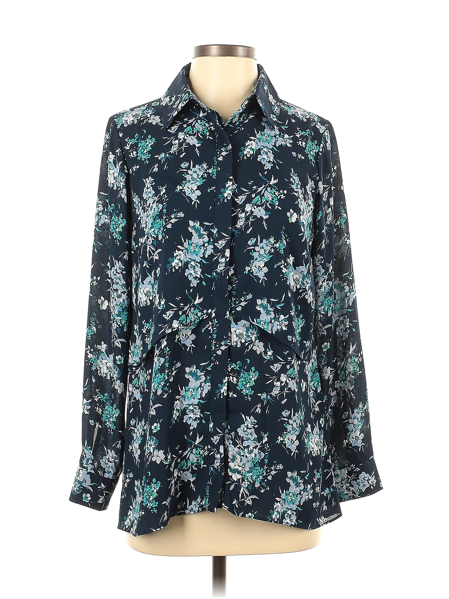 Joan Rivers 100 Polyester Floral Teal Long Sleeve Blouse Size Xxs 69