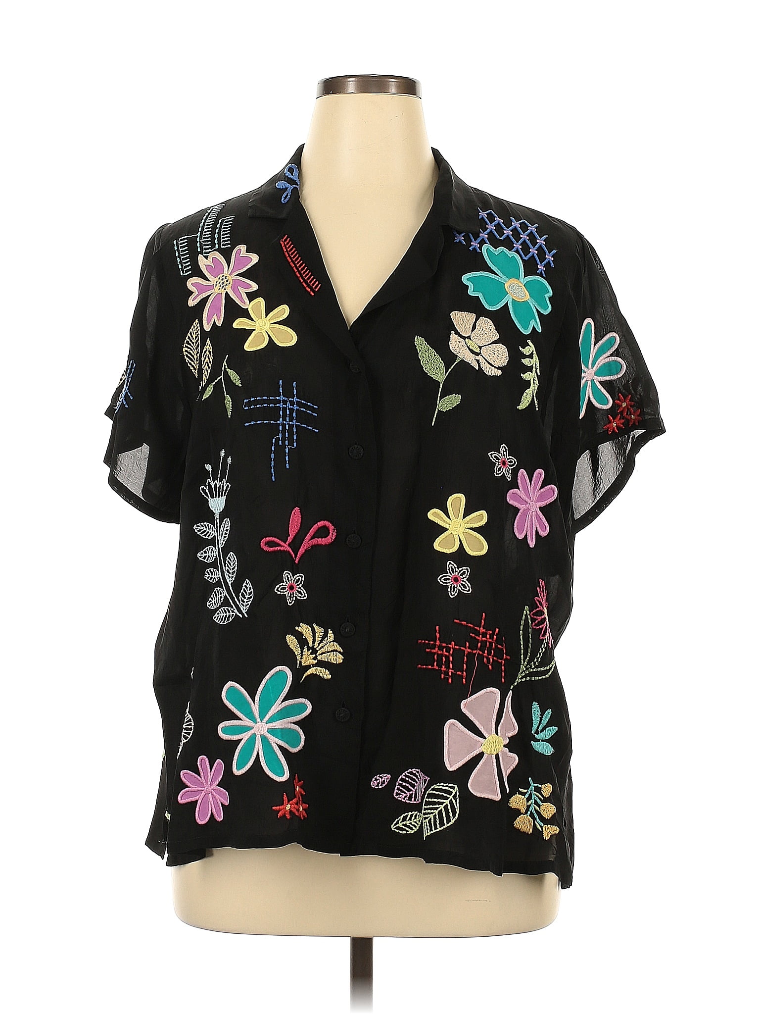 Johnny Was 100 Rayon Floral Black Short Sleeve Blouse Size Xl 69