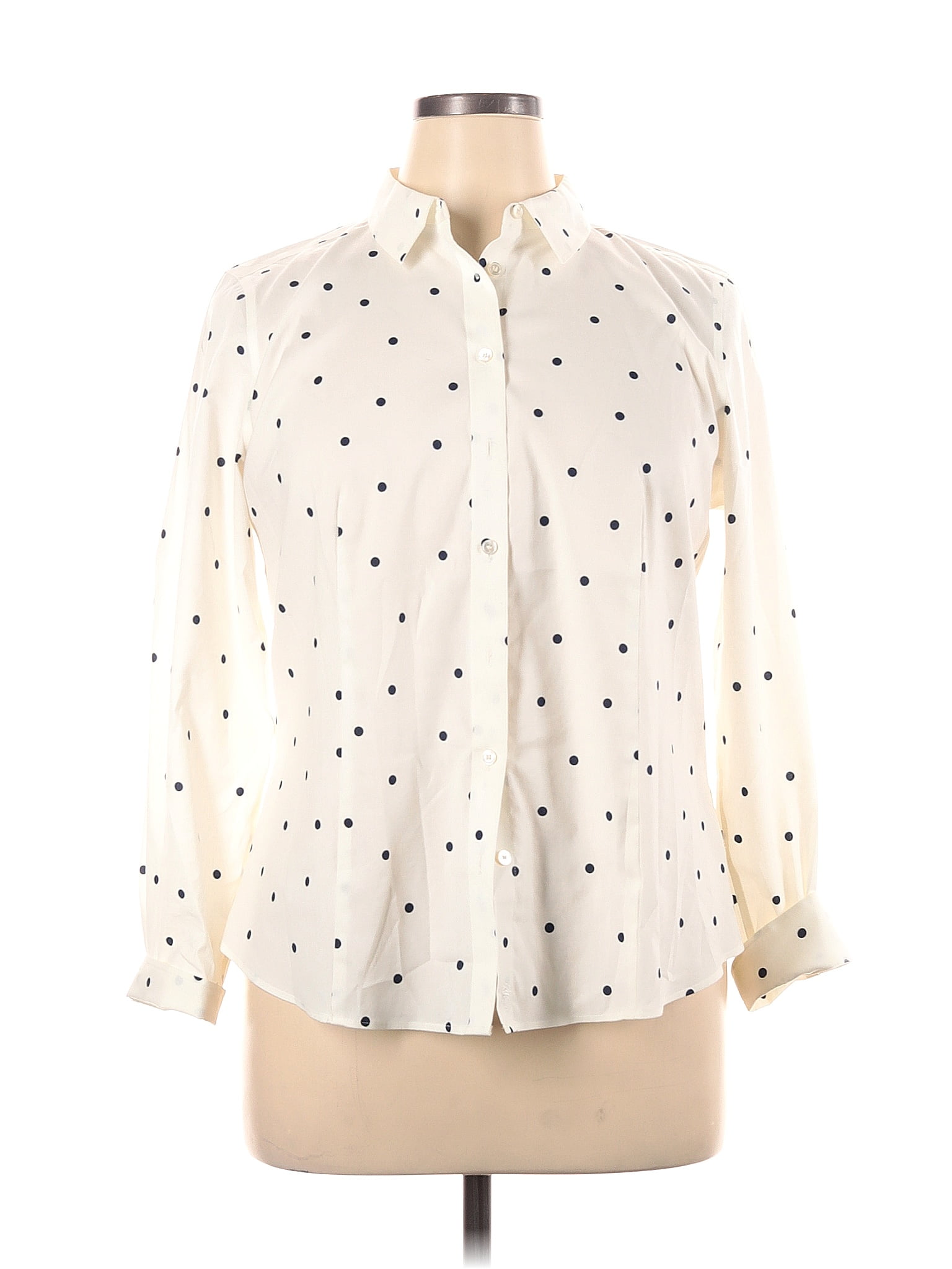 Talbots Polka Dots White Ivory Long Sleeve Button Down Shirt Size 16