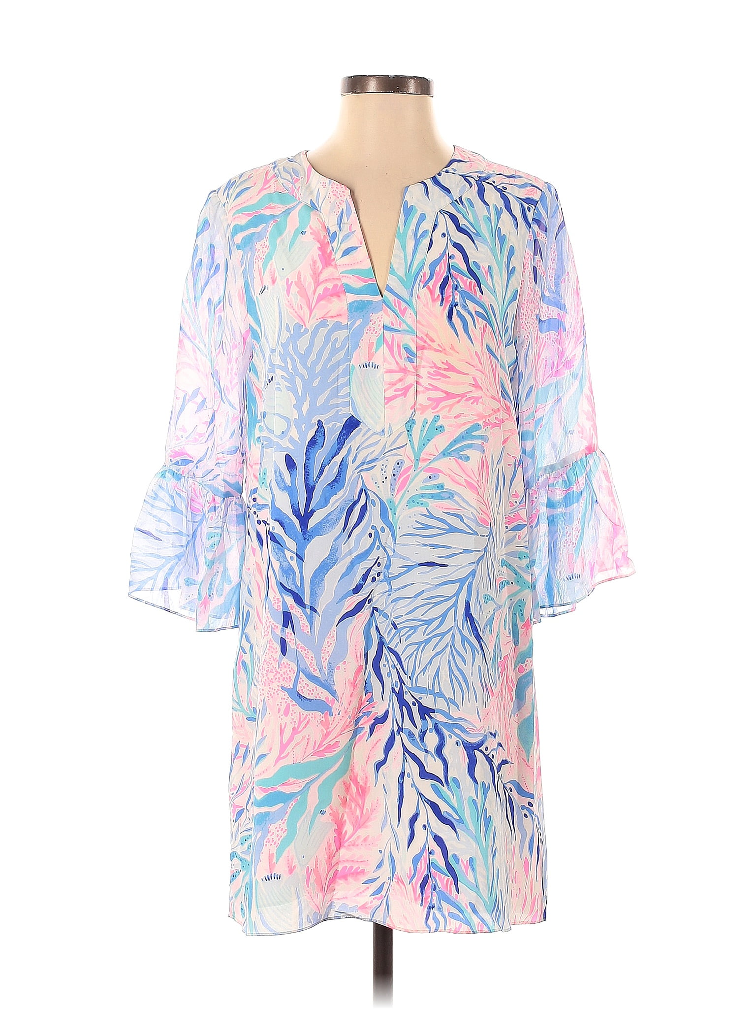 Lilly Pulitzer 100 Silk Tropical Multi Color Blue Casual Dress Size S