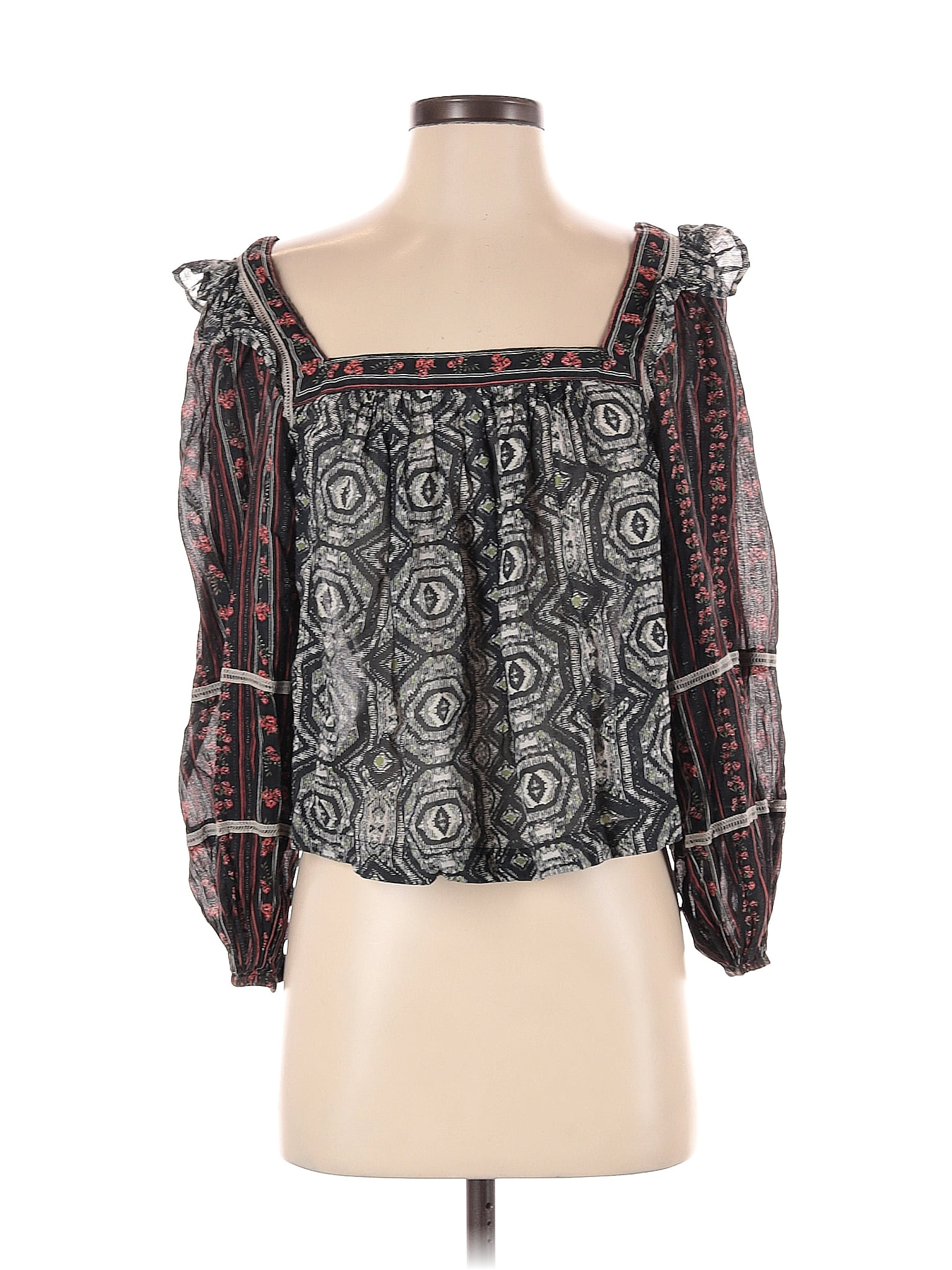 Free People 100% Cotton Paisley Black Long Sleeve Blouse Size S - 67% off