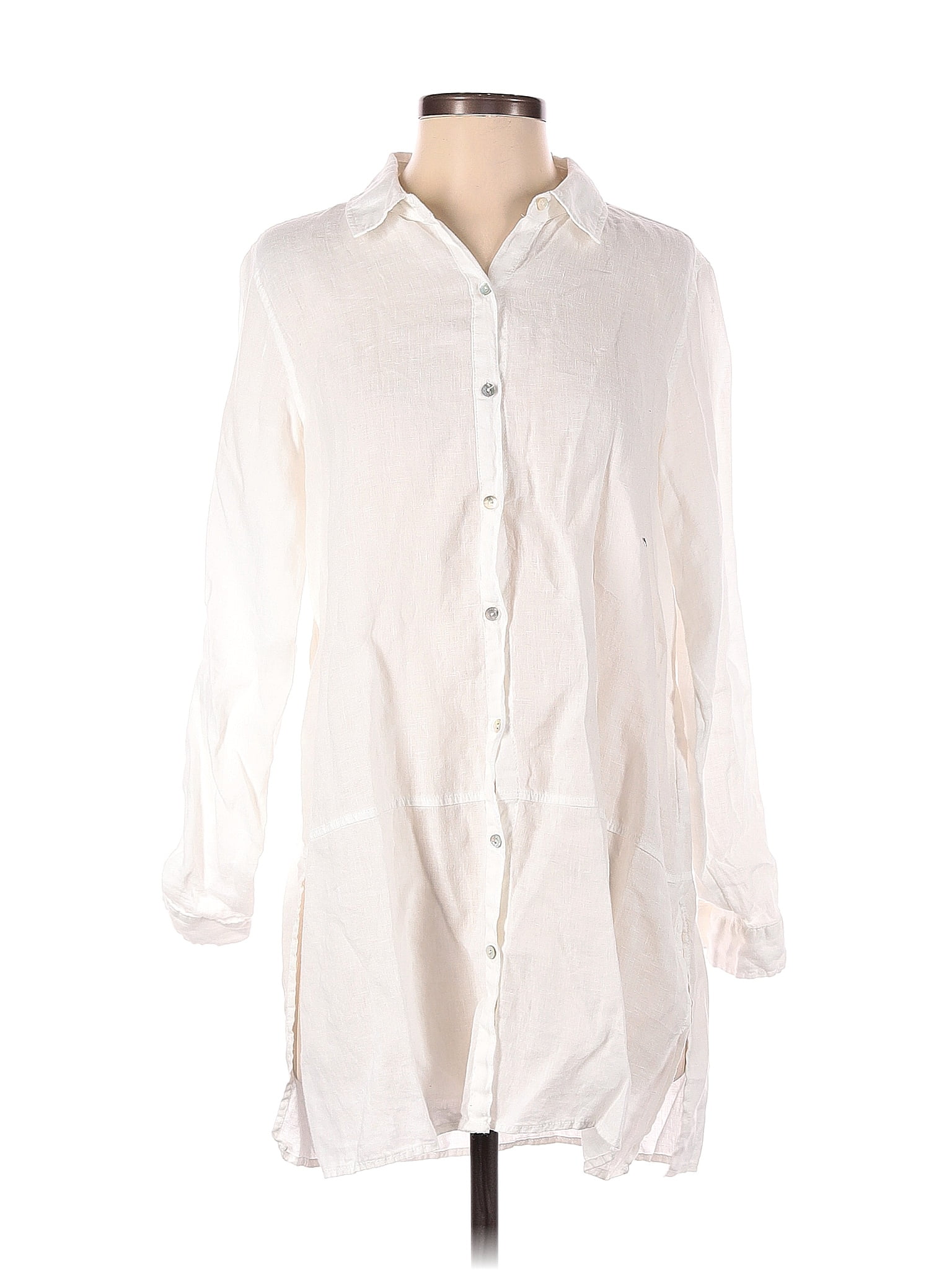 Tahari 100% Linen Solid White Ivory Long Sleeve Button-Down Shirt Size ...