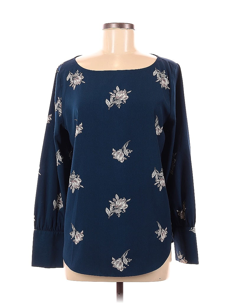 Ann Taylor 100% Polyester Floral Navy Blue Long Sleeve Blouse Size M ...
