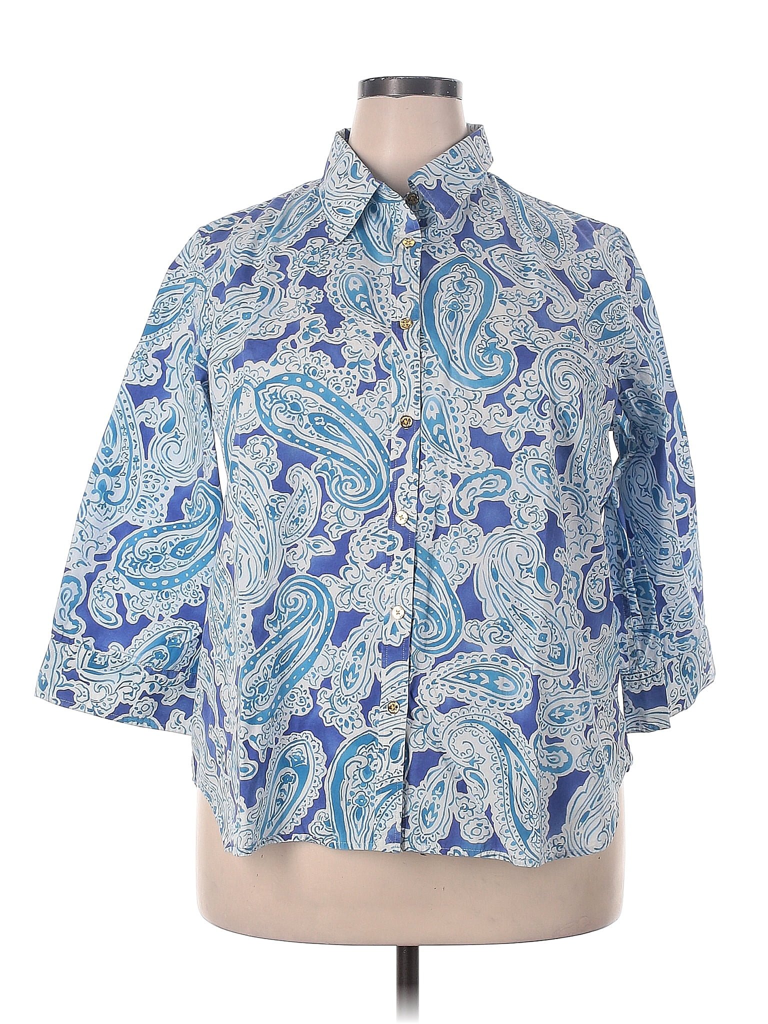 Talbots Long Sleeve 100% Cotton Paisley Print Button Up Shirt Blue