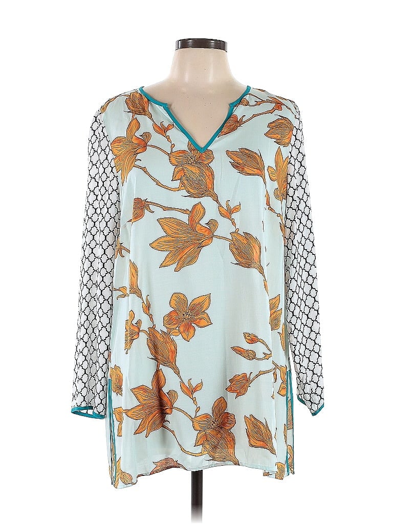 Soft Surroundings 100 Modal Floral Teal Long Sleeve Blouse Size L 69