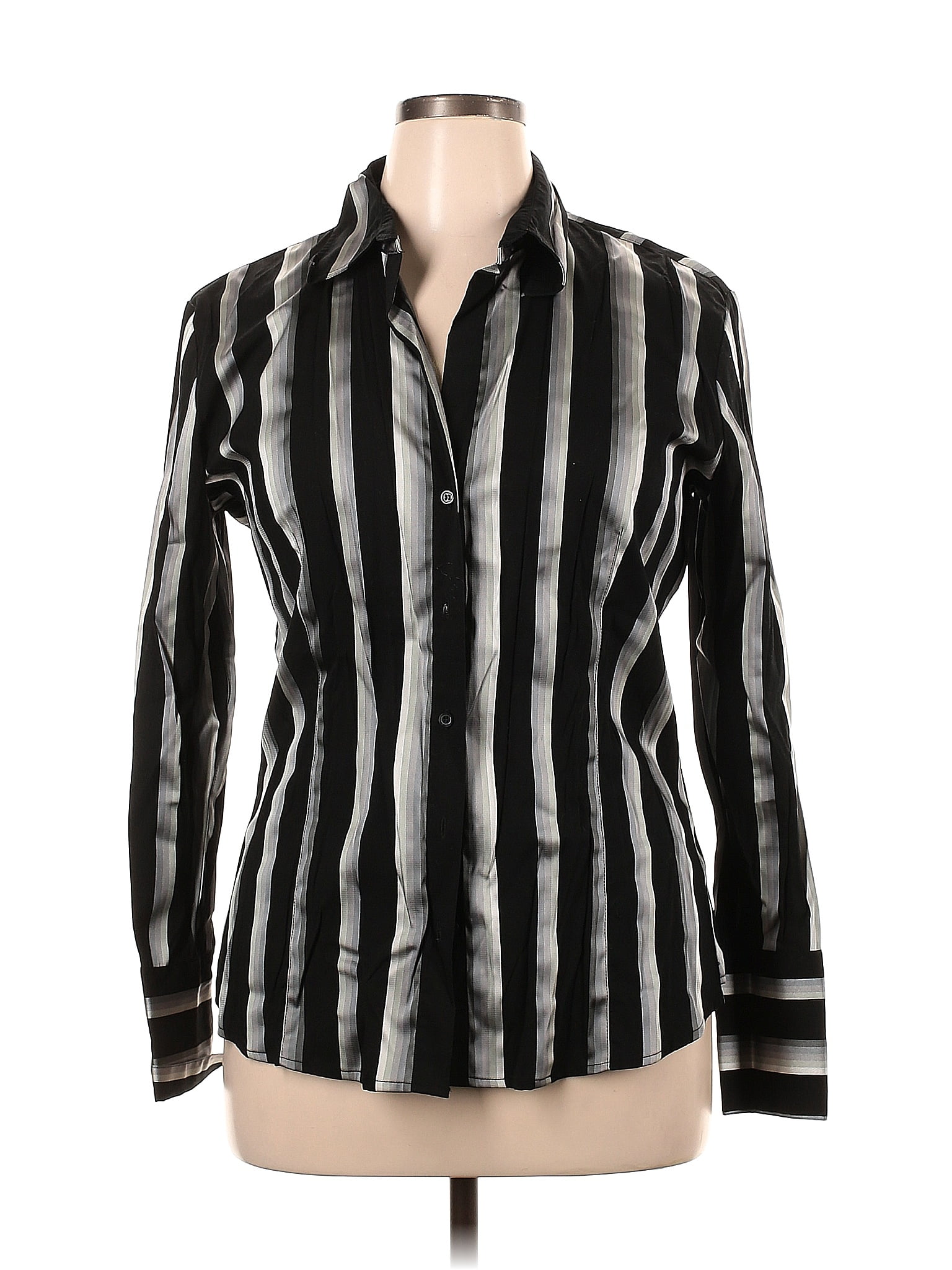 New York And Company Stripes Black Long Sleeve Button Down Shirt Size Xl