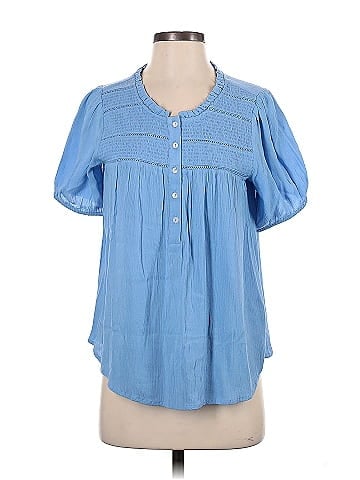 Intro 100% Rayon Blue Short Sleeve Button-Down Shirt Size S