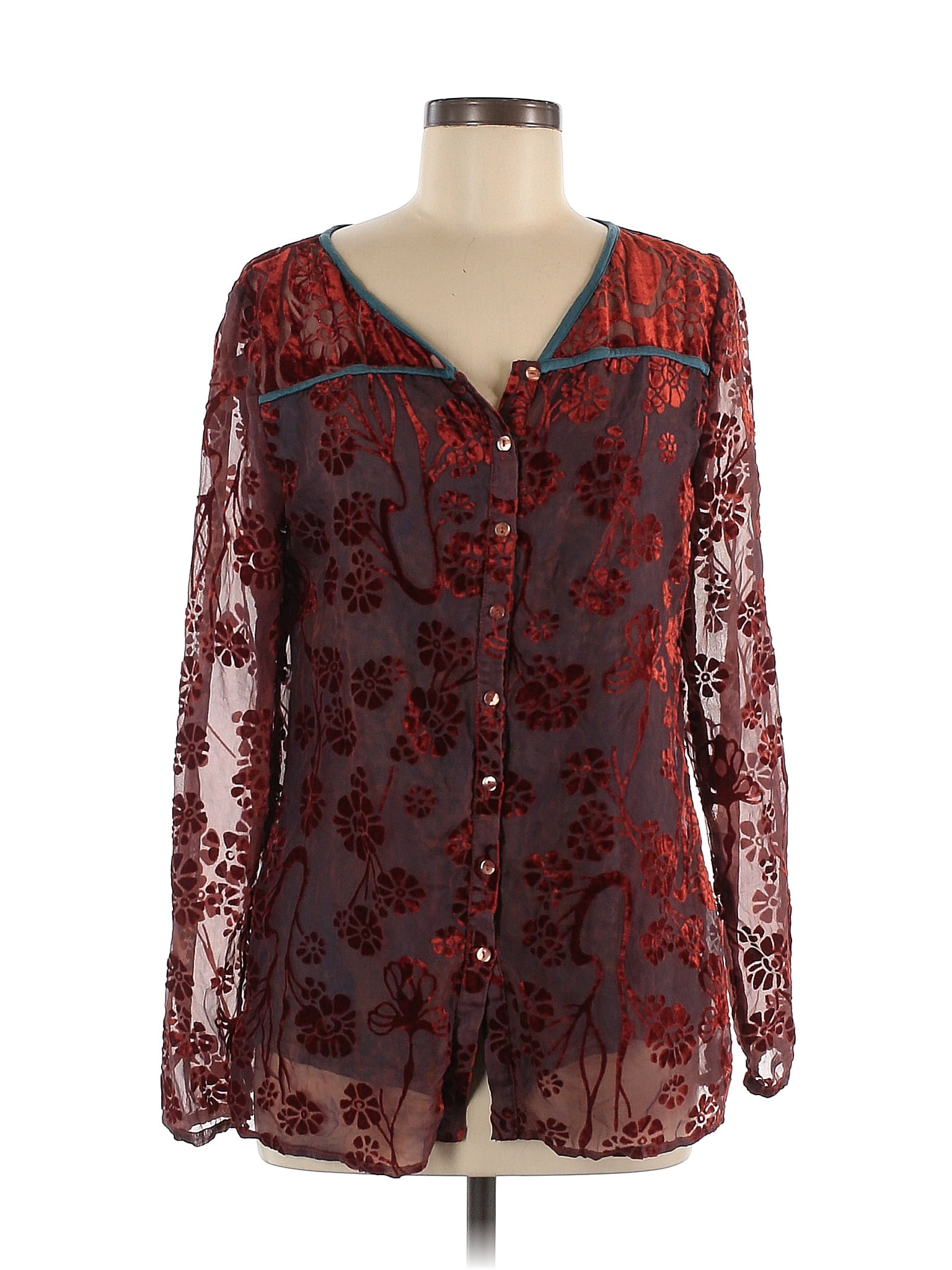 Sundance 100% Rayon Floral Burgundy Long Sleeve Button-Down Shirt Size ...
