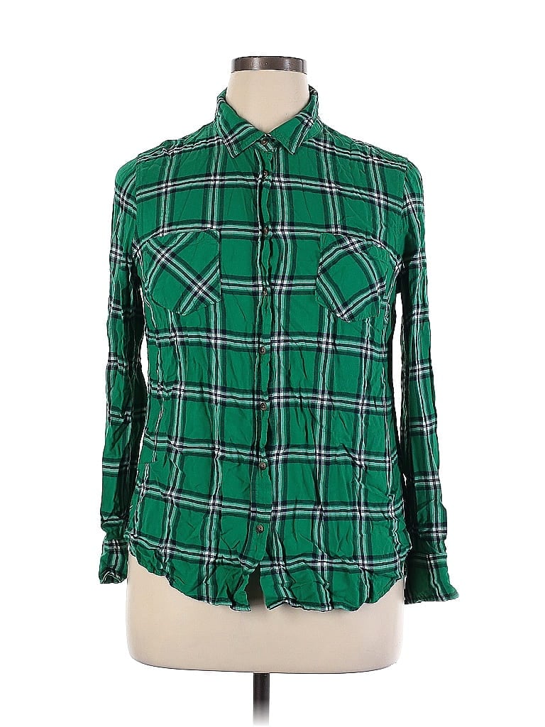 Merona 100% Rayon Plaid Green Long Sleeve Button-Down Shirt Size XL - 44%  off