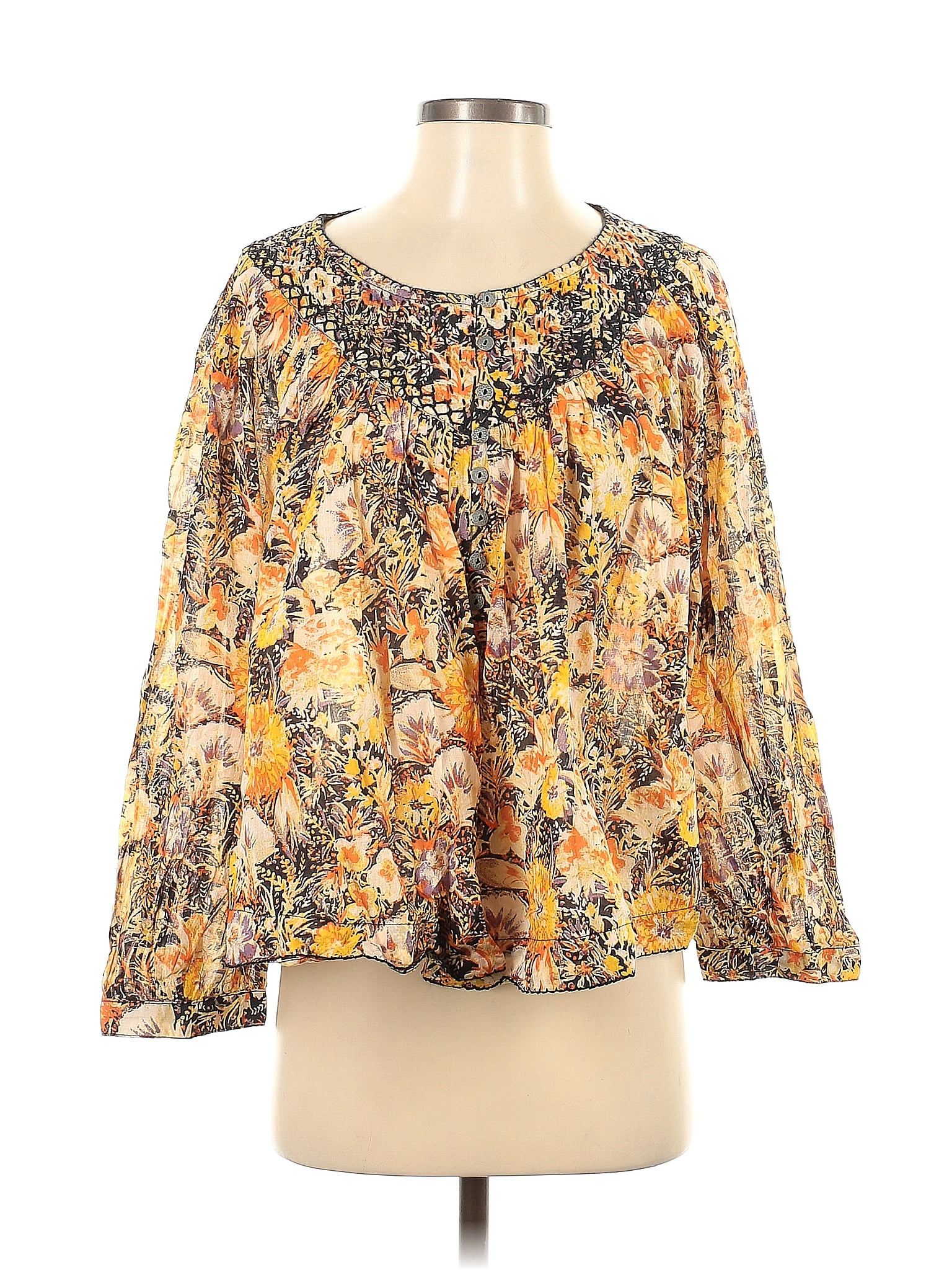 We The Free 100 Cotton Floral Multi Color Gold Long Sleeve Blouse Size