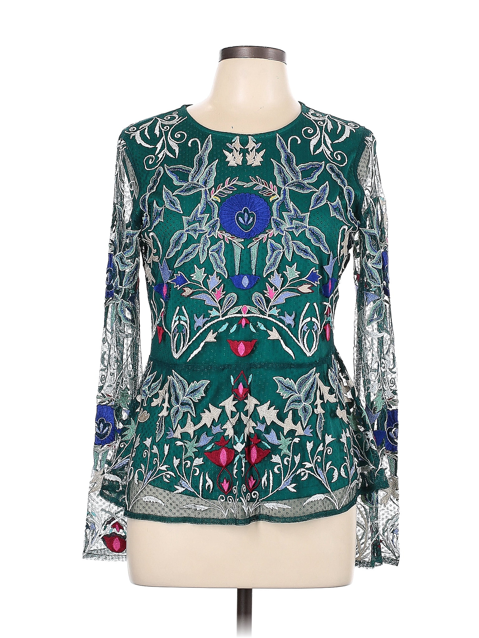 Sundance 100 Polyester Floral Green Long Sleeve Blouse Size 10 75