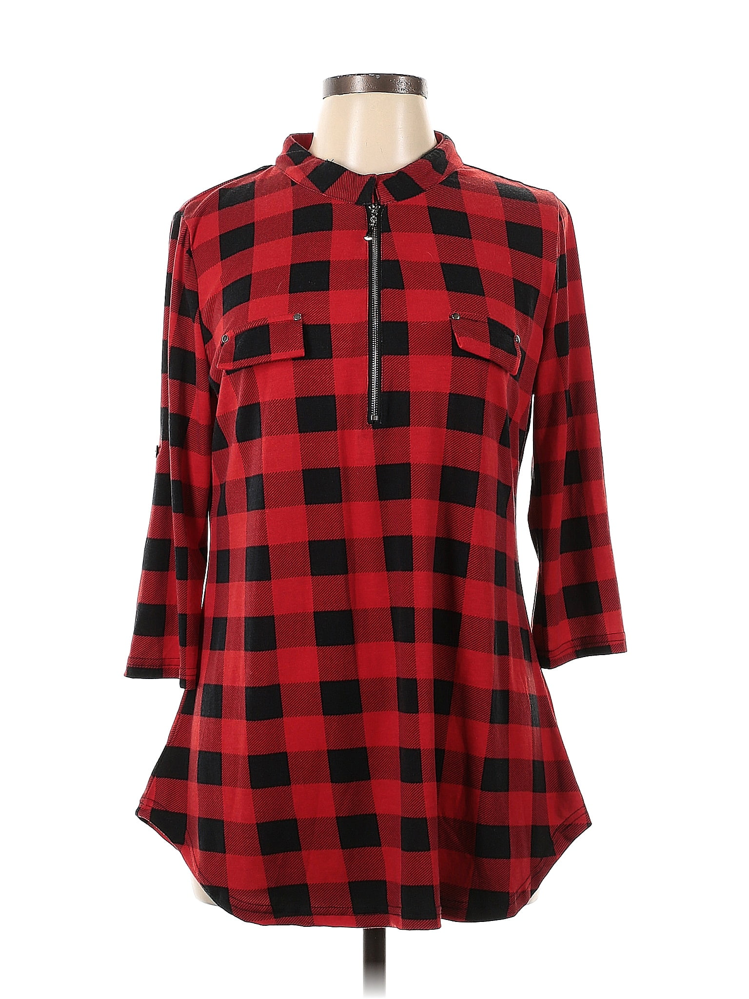 Ninedaily Women's 3/4 Sleeve Plaid Shirts Zip Floral Casual Tunic