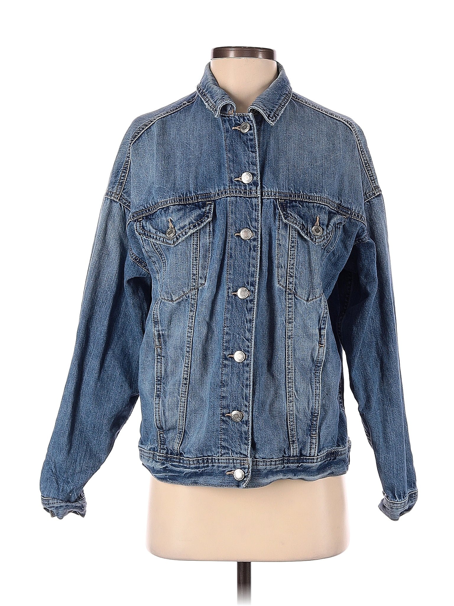 American Eagle Outfitters 100 Cotton Solid Blue Denim Jacket Size S