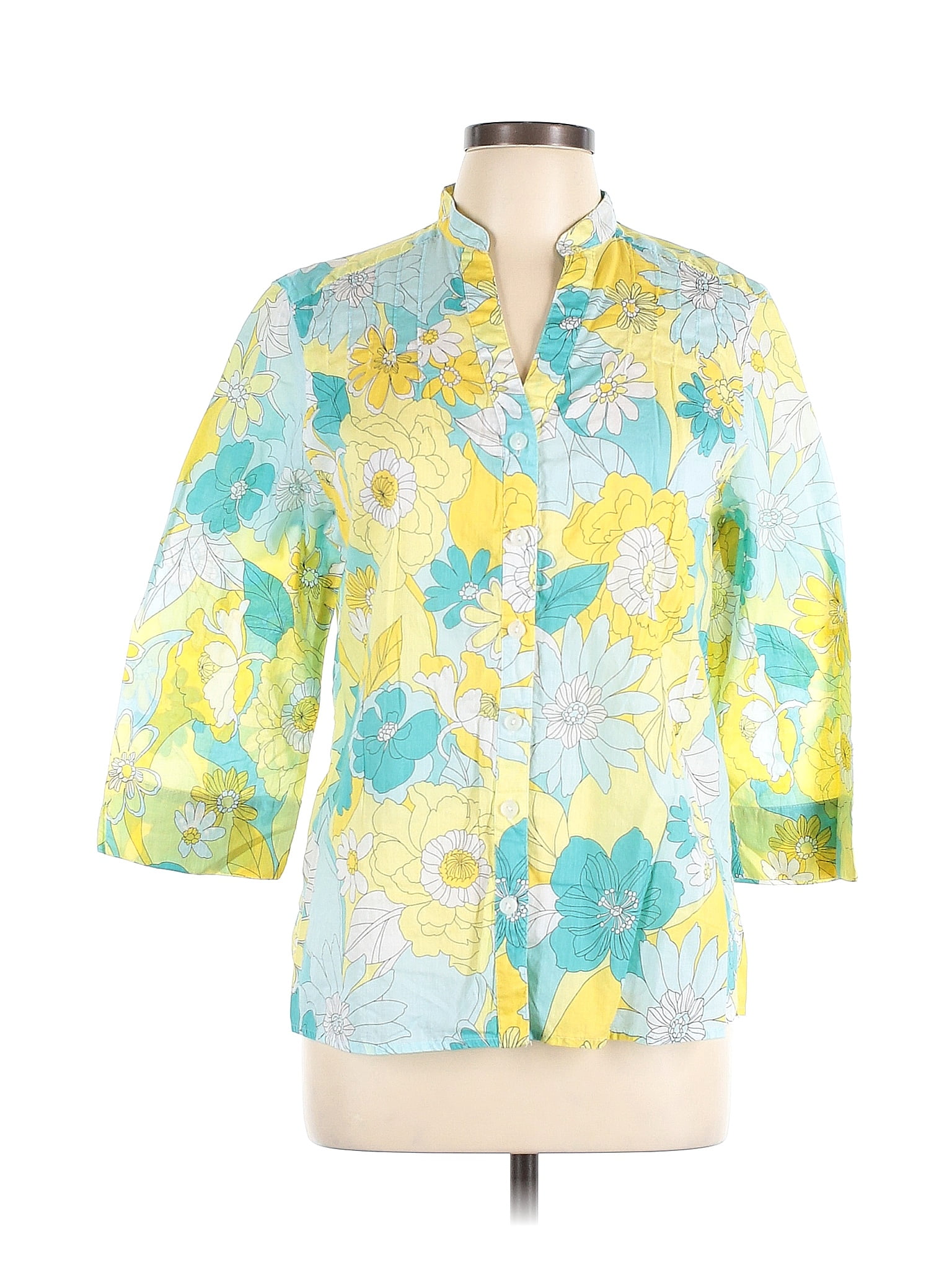 Alfred Dunner 100% Cotton Floral Yellow Short Sleeve Button-Down Shirt ...