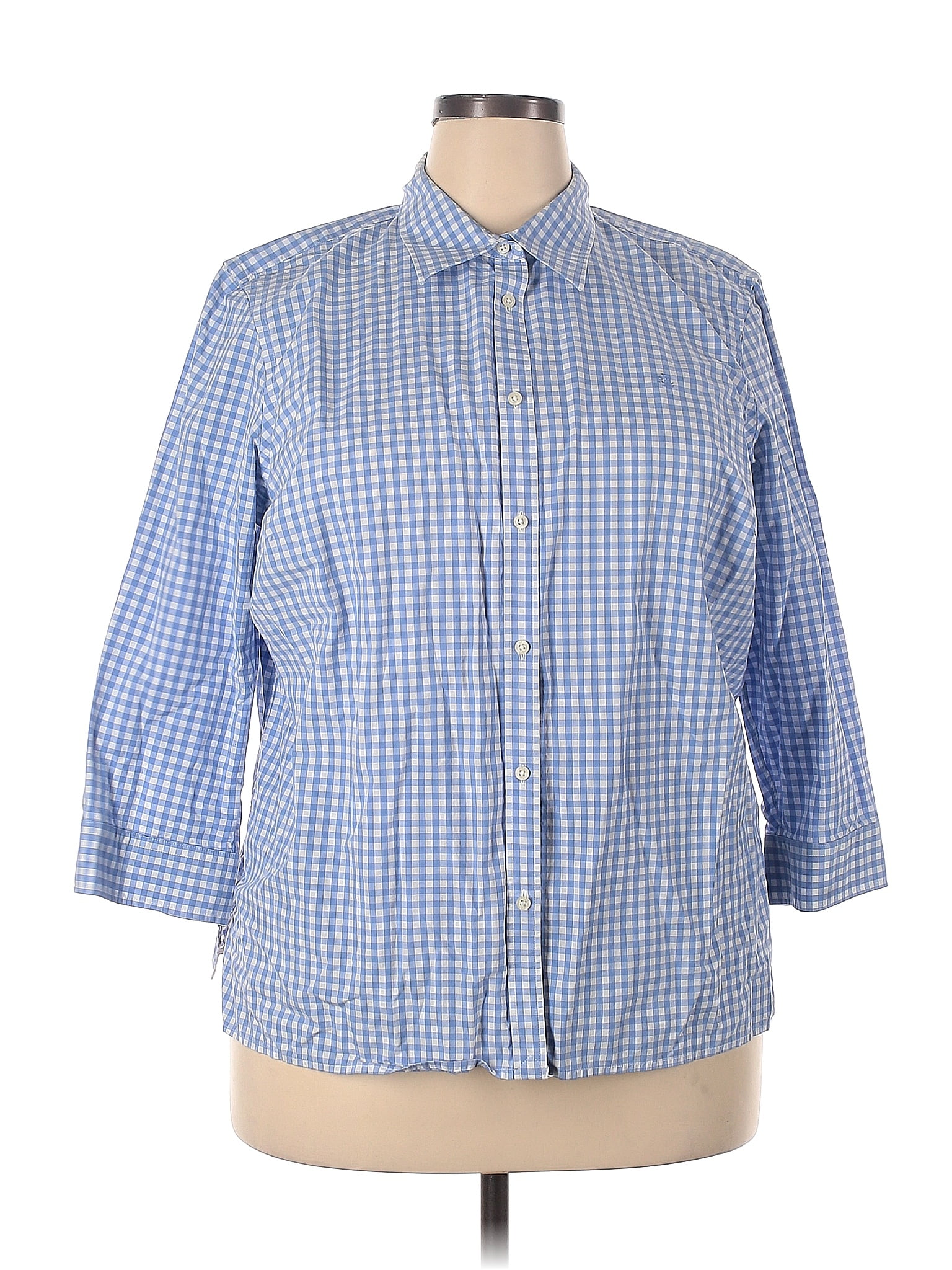 Lauren by Ralph Lauren 100% Cotton Checkered-gingham Blue 3/4 Sleeve ...