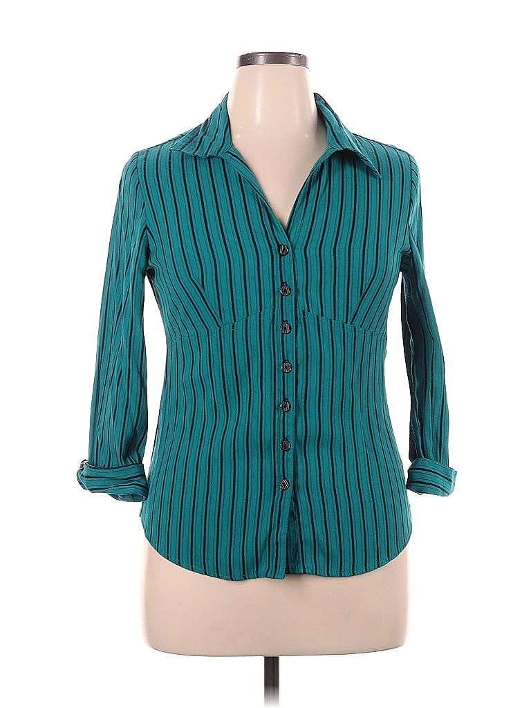 Dressbarn Stripes Teal Long Sleeve Button Down Shirt Size Xl 53 Off