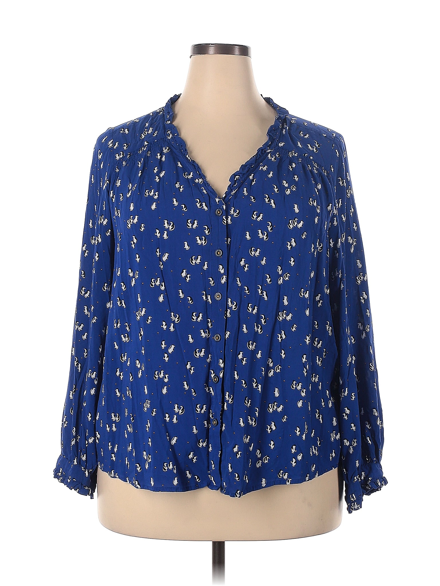 Maeve by Anthropologie 100% Viscose Print Blue Long Sleeve Button-Down ...