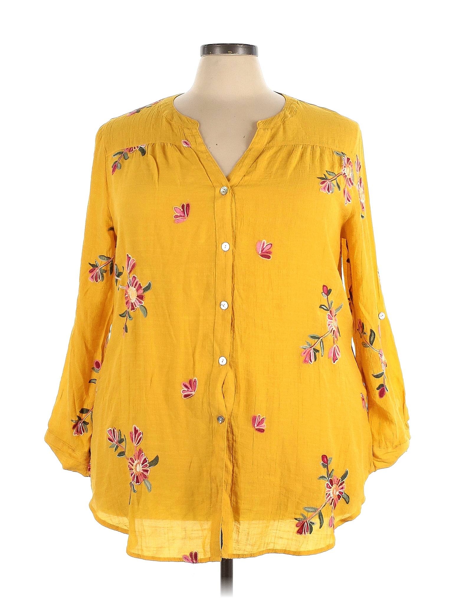 Fig And Flower Floral Yellow Long Sleeve Button Down Shirt Size 3x