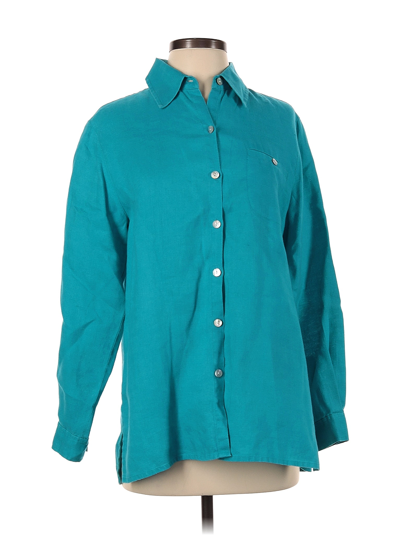 Chicos Design 100 Linen Checkered Gingham Teal Long Sleeve Button