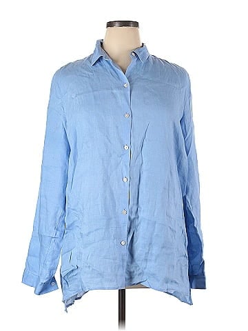 J.Jill 100% Linen Solid Blue Long Sleeve Button-Down Shirt Size XL