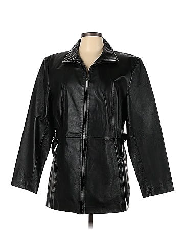 Worthington 100% Polyester Solid Black Faux Leather Jacket Size L - 44% off