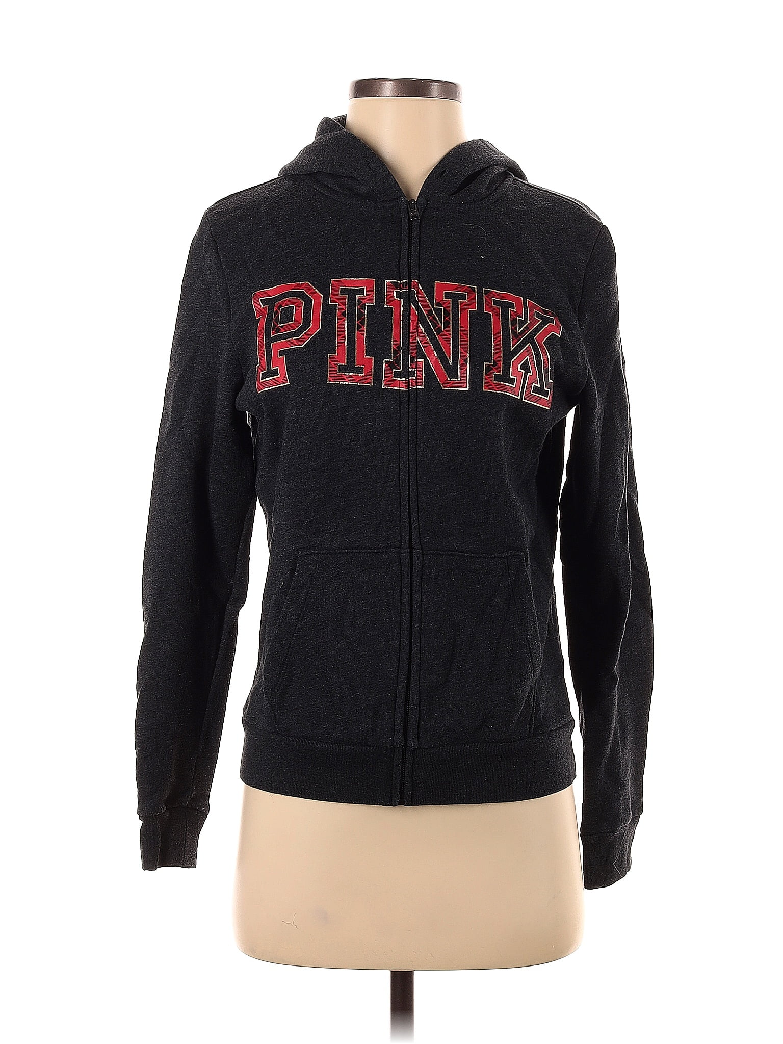 Victoria's Secret Pink Graphic Solid Gray Black Zip Up Hoodie Size S
