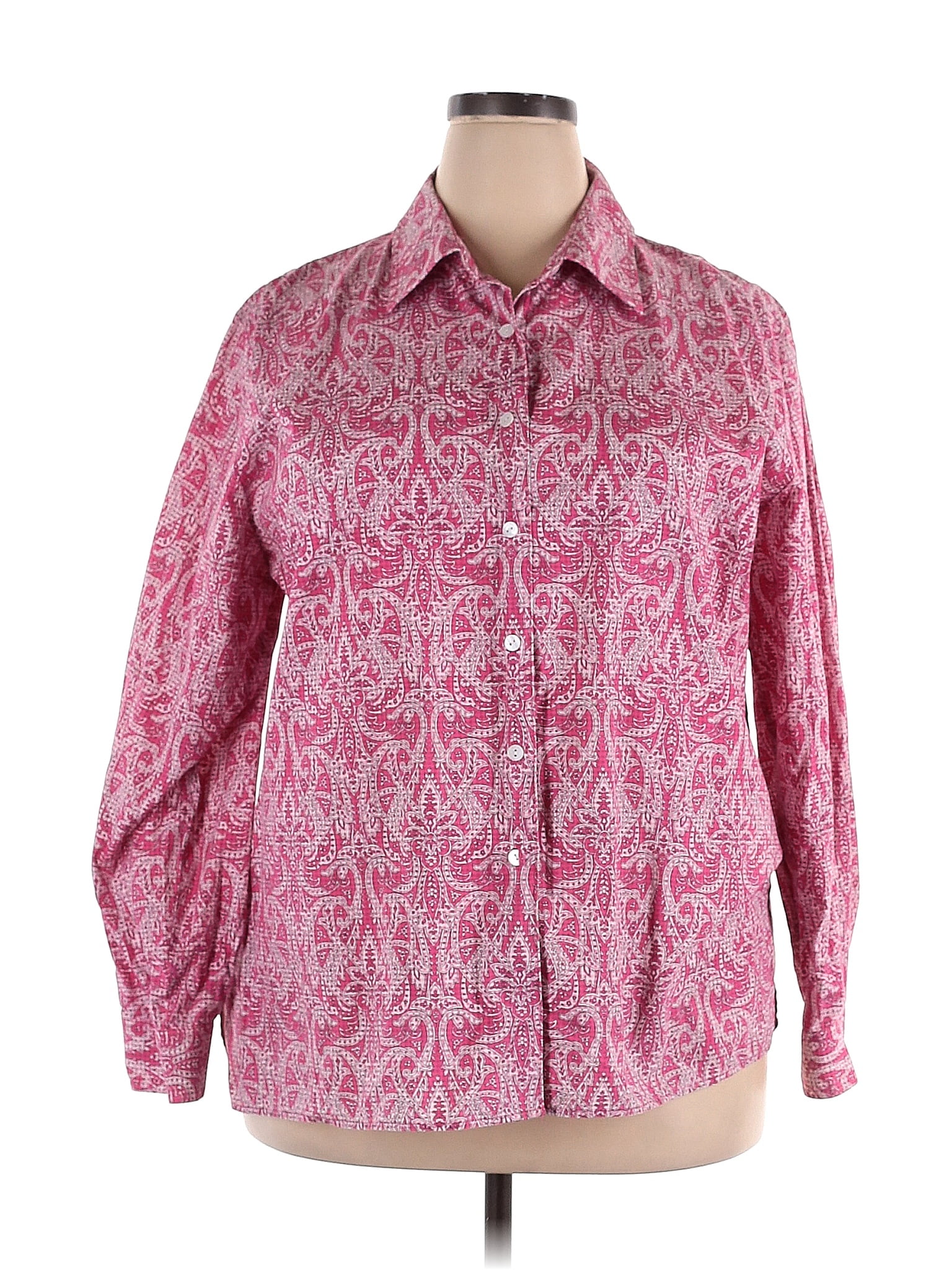 Foxcroft 100 Cotton Paisley Pink Long Sleeve Button Down Shirt Size 18