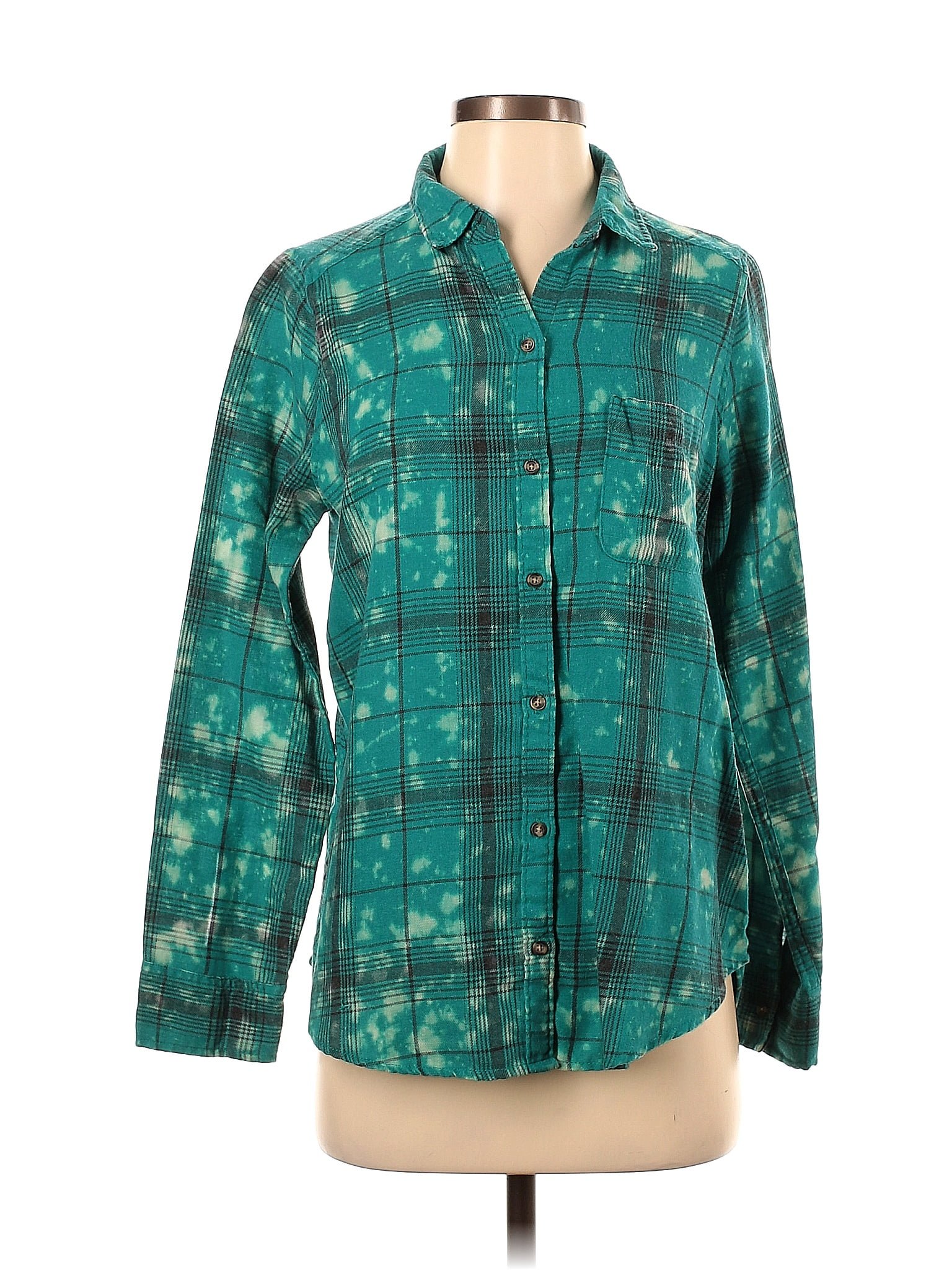 Hollister Checkered-gingham Teal Long Sleeve Button-Down Shirt