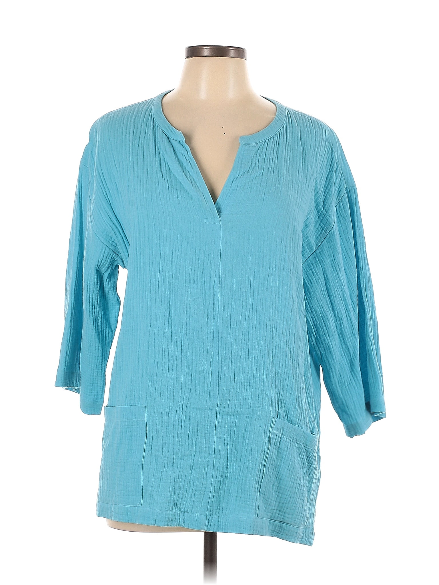 Soft Surroundings 100% Cotton Solid Blue Teal Long Sleeve Top Size L - 64%  off