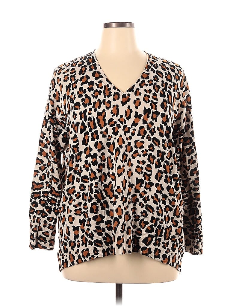 Caryn Vallone 100% Cotton Animal Print Leopard Print Brown Pullover Sweater Size XL - photo 1