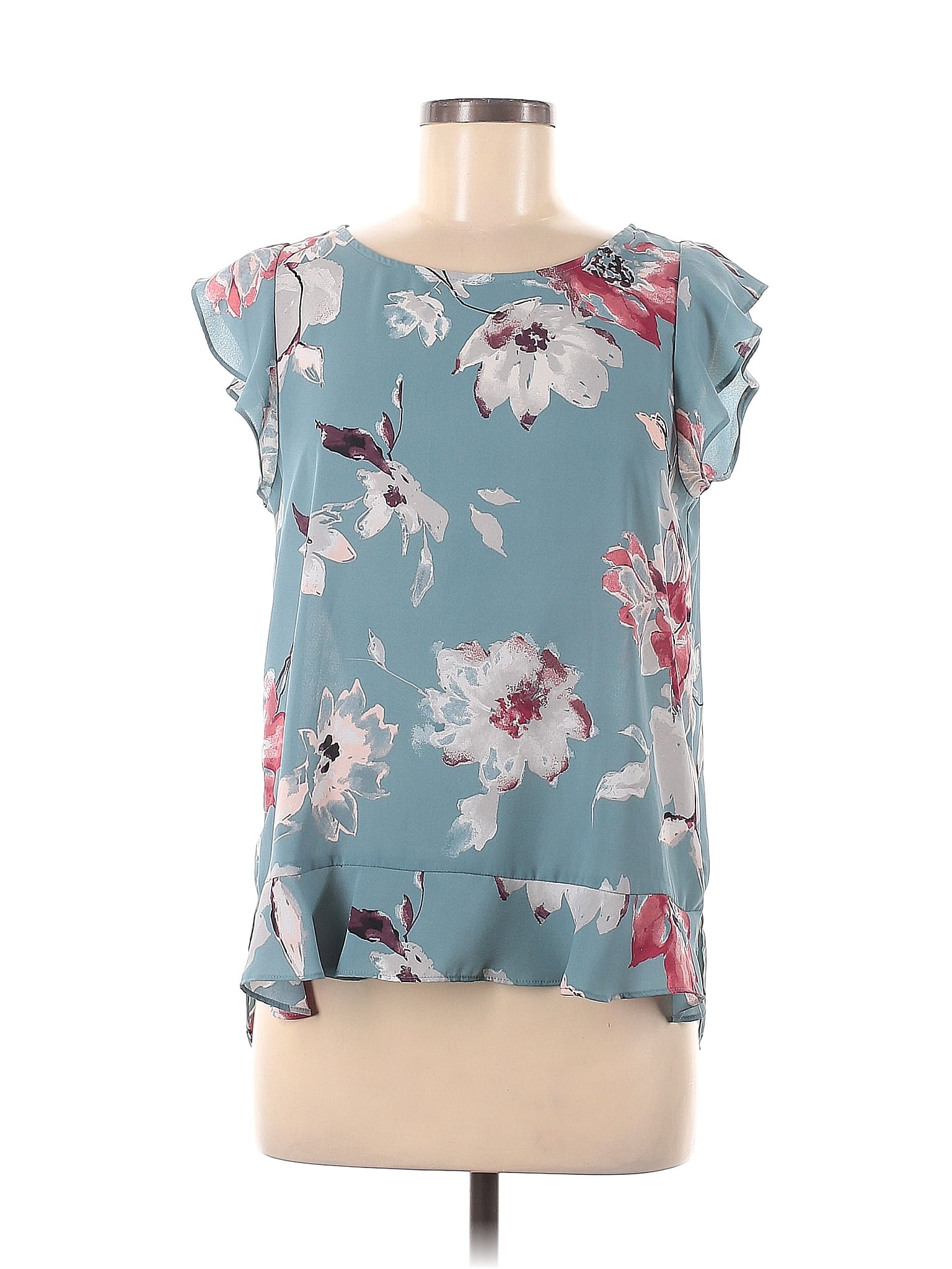 Ann Taylor LOFT Outlet 100% Polyester Floral Teal Short Sleeve Blouse ...