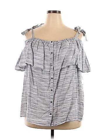 Lucky Brand 100% Linen Stripes Gray Short Sleeve Blouse Size 3X (Plus) -  62% off