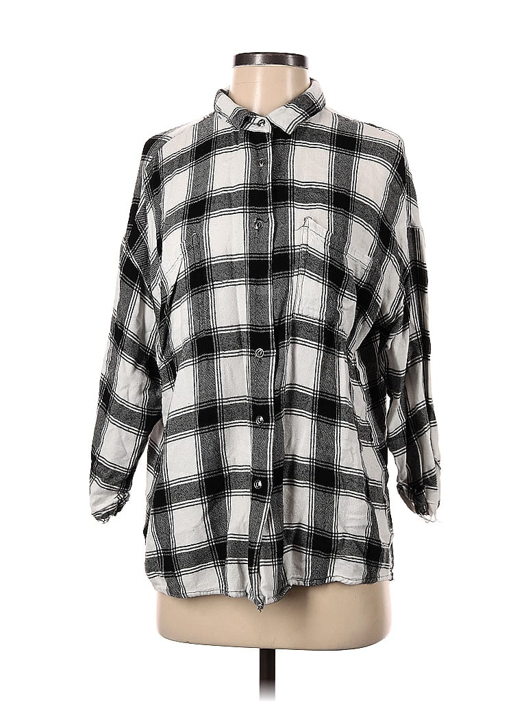 TWIIN Plaid Checkered-gingham Silver 3/4 Sleeve Button-Down Shirt Size S - photo 1