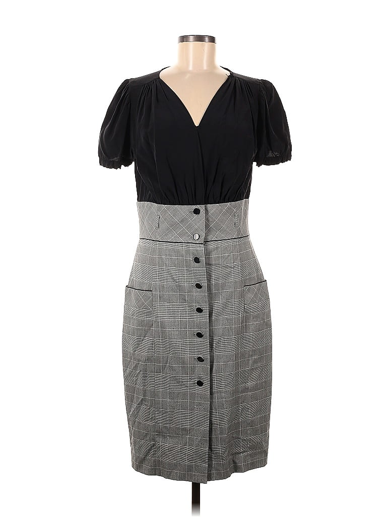 Badgley Mischka 100% Silk Plaid Houndstooth Gray Casual Dress Size 8 - photo 1