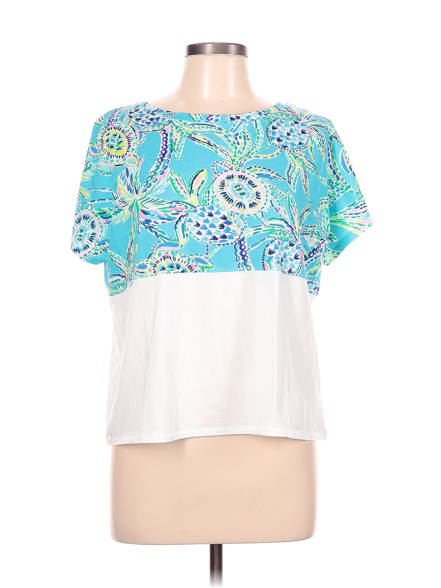 Lilly Pulitzer Color Block Floral Blue Short Sleeve Top Size L 63