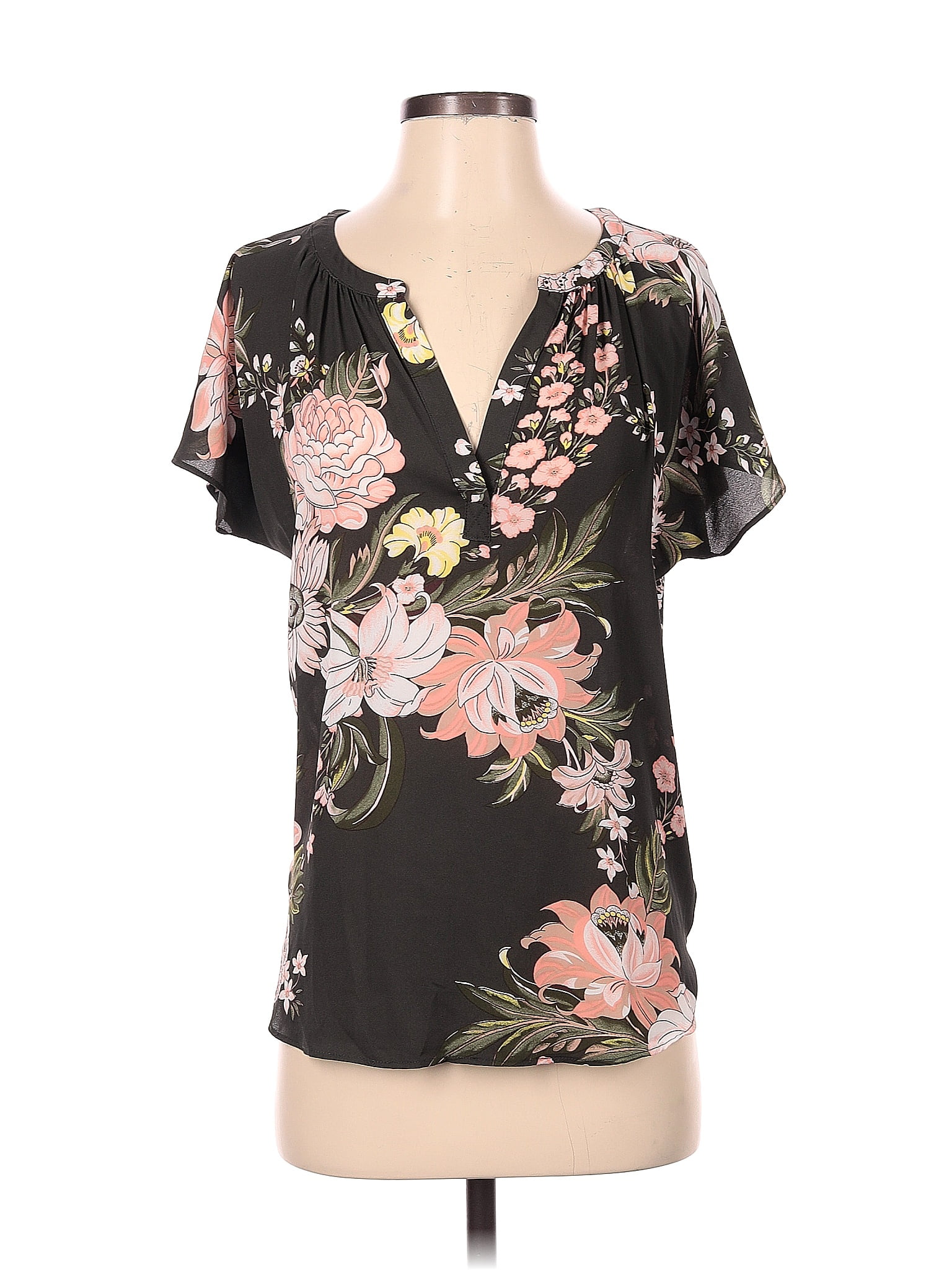 Ann Taylor Loft 100 Polyester Floral Black Short Sleeve Blouse Size S