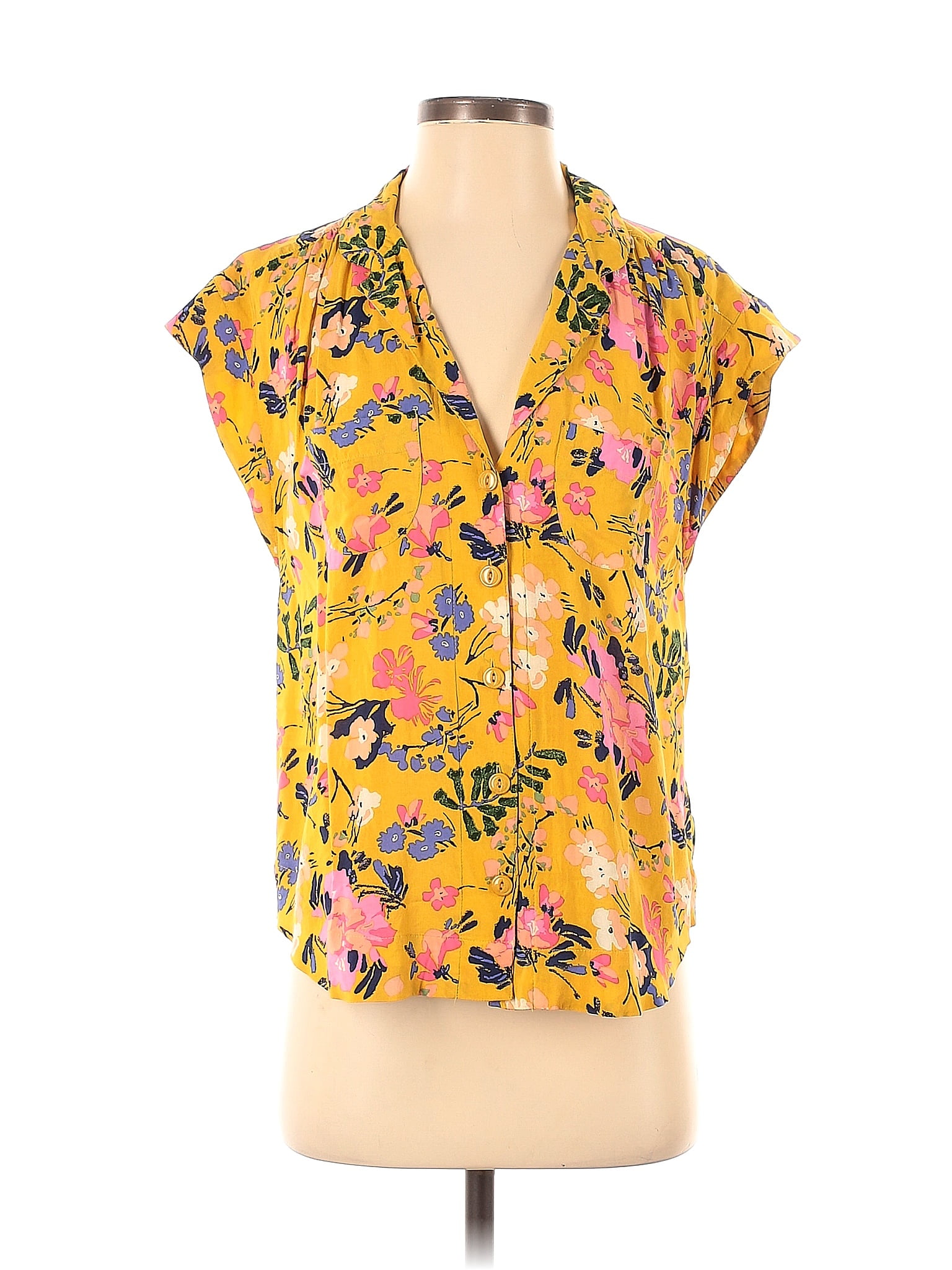 Maeve 100% Rayon Floral Yellow Short Sleeve Button-Down Shirt Size S ...