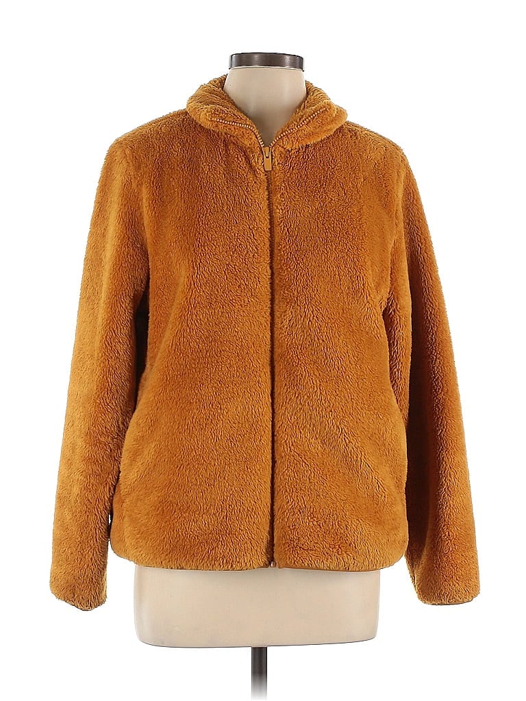 Uniqlo 100% Polyester Tortoise Orange Faux Fur Jacket Size L - photo 1