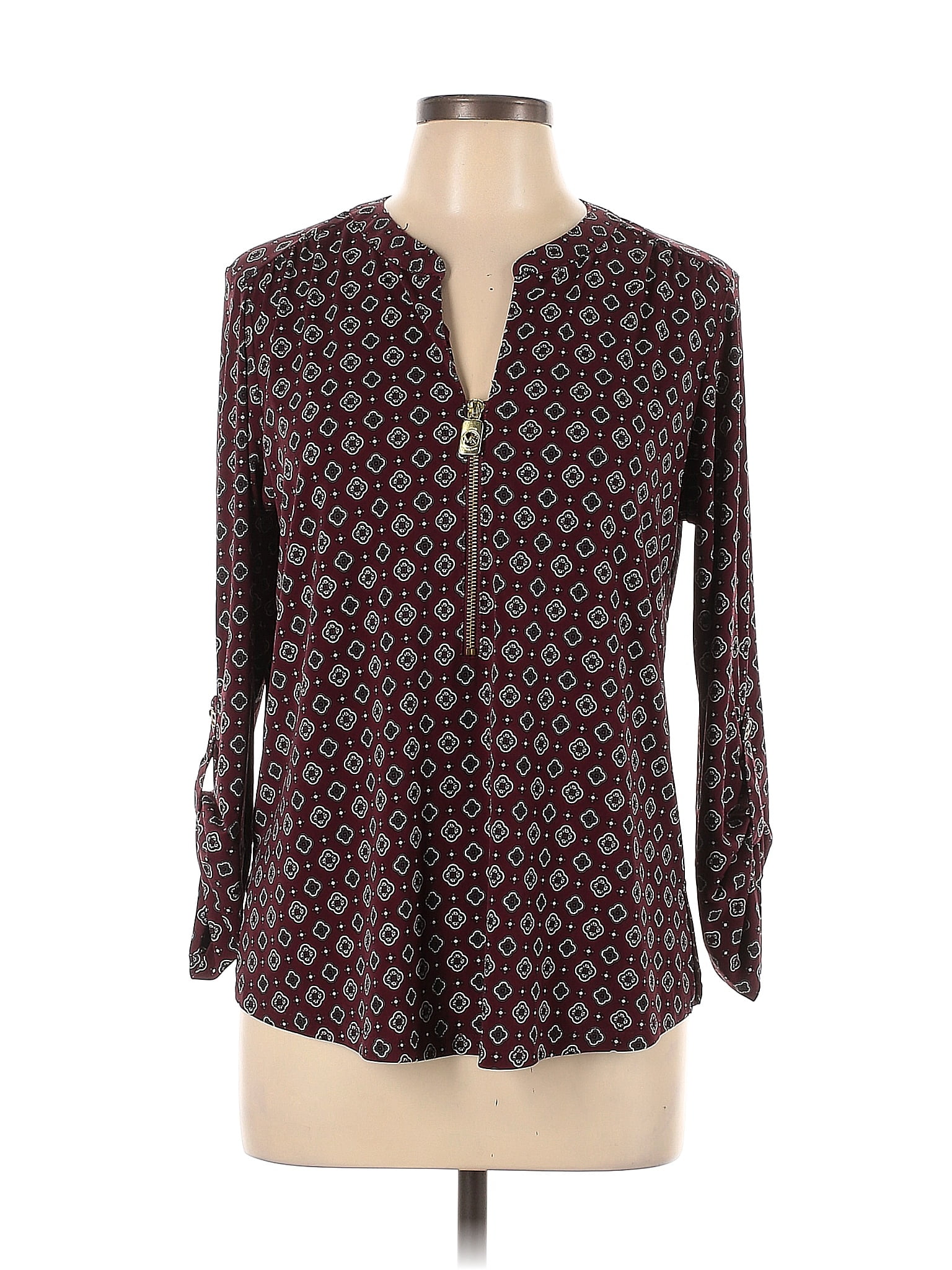 MICHAEL Michael Kors Polka Dots Burgundy Long Sleeve Blouse Size L - 71 ...