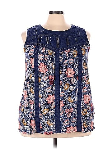 Lucky Brand Color Block Floral Blue Sleeveless Top Size 3X (Plus) - 61% off