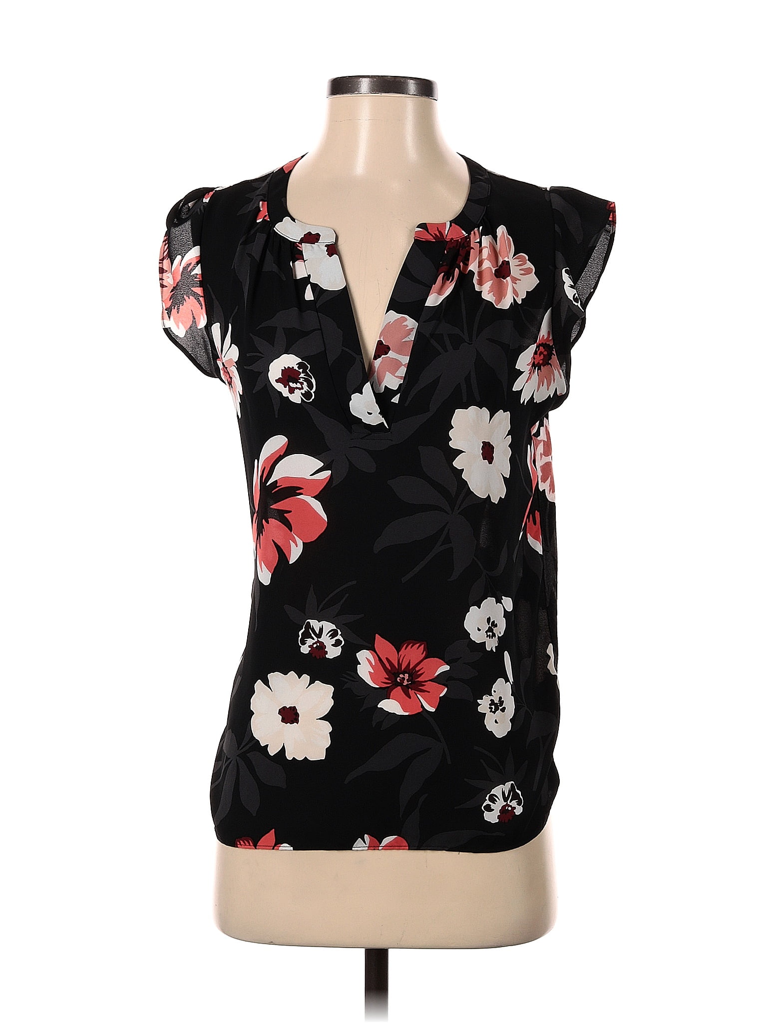 Ann Taylor Loft Outlet 100 Polyester Floral Black Short Sleeve Blouse