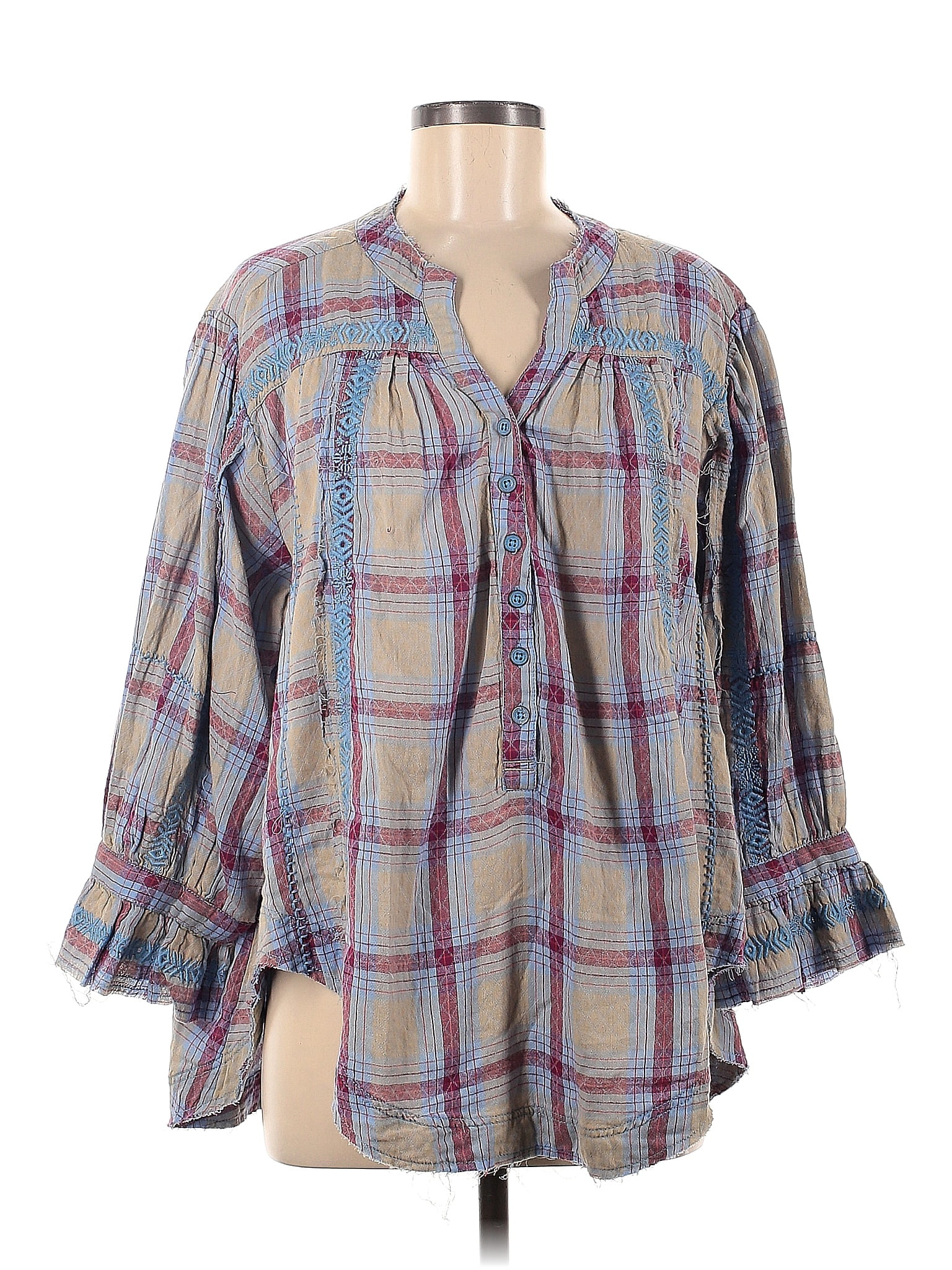 We The Free 100 Cotton Plaid Multi Color Blue Long Sleeve Blouse Size