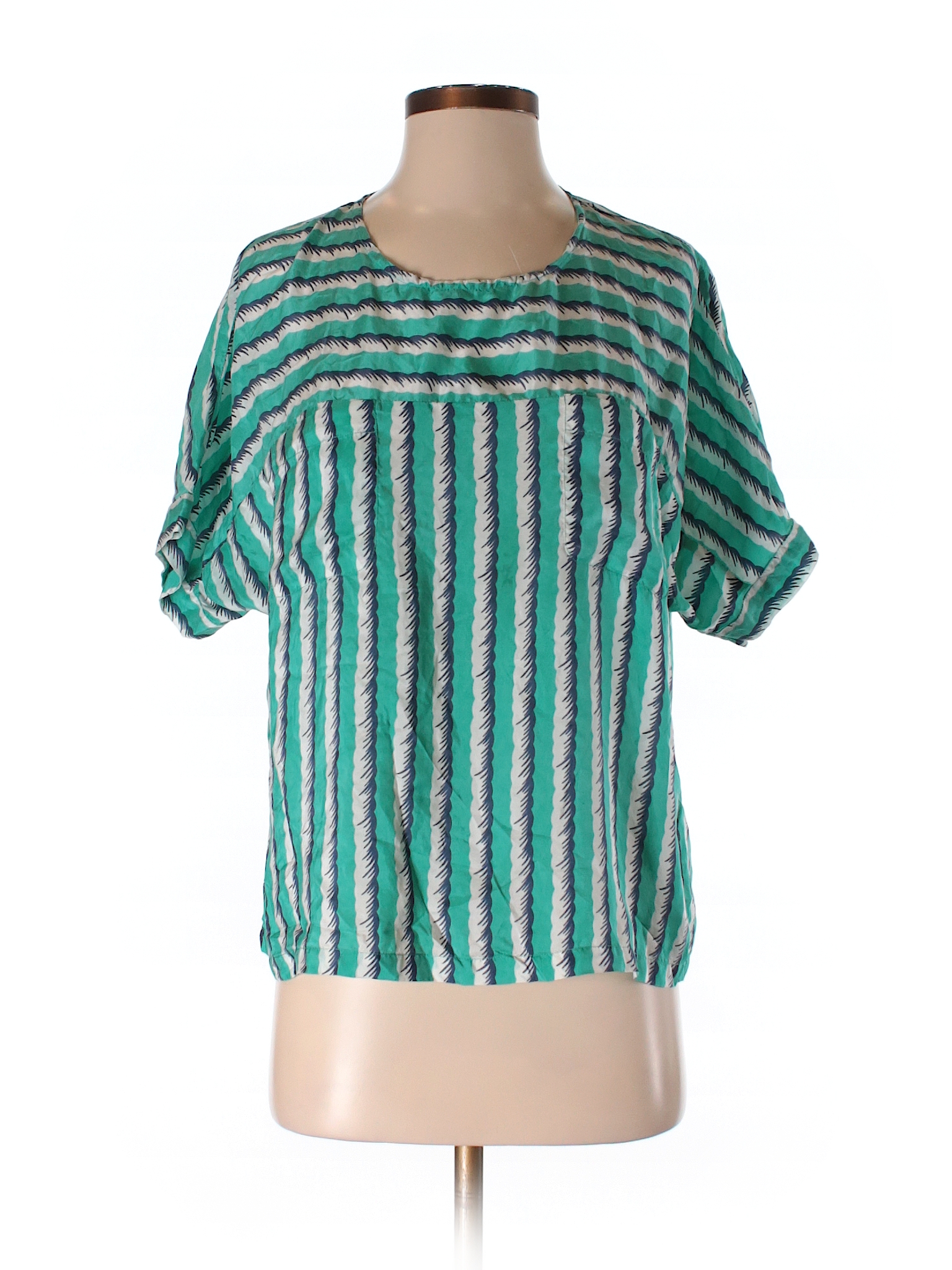 Roberta Freymann 100% Silk Stripes Teal Short Sleeve Silk Top Size S ...