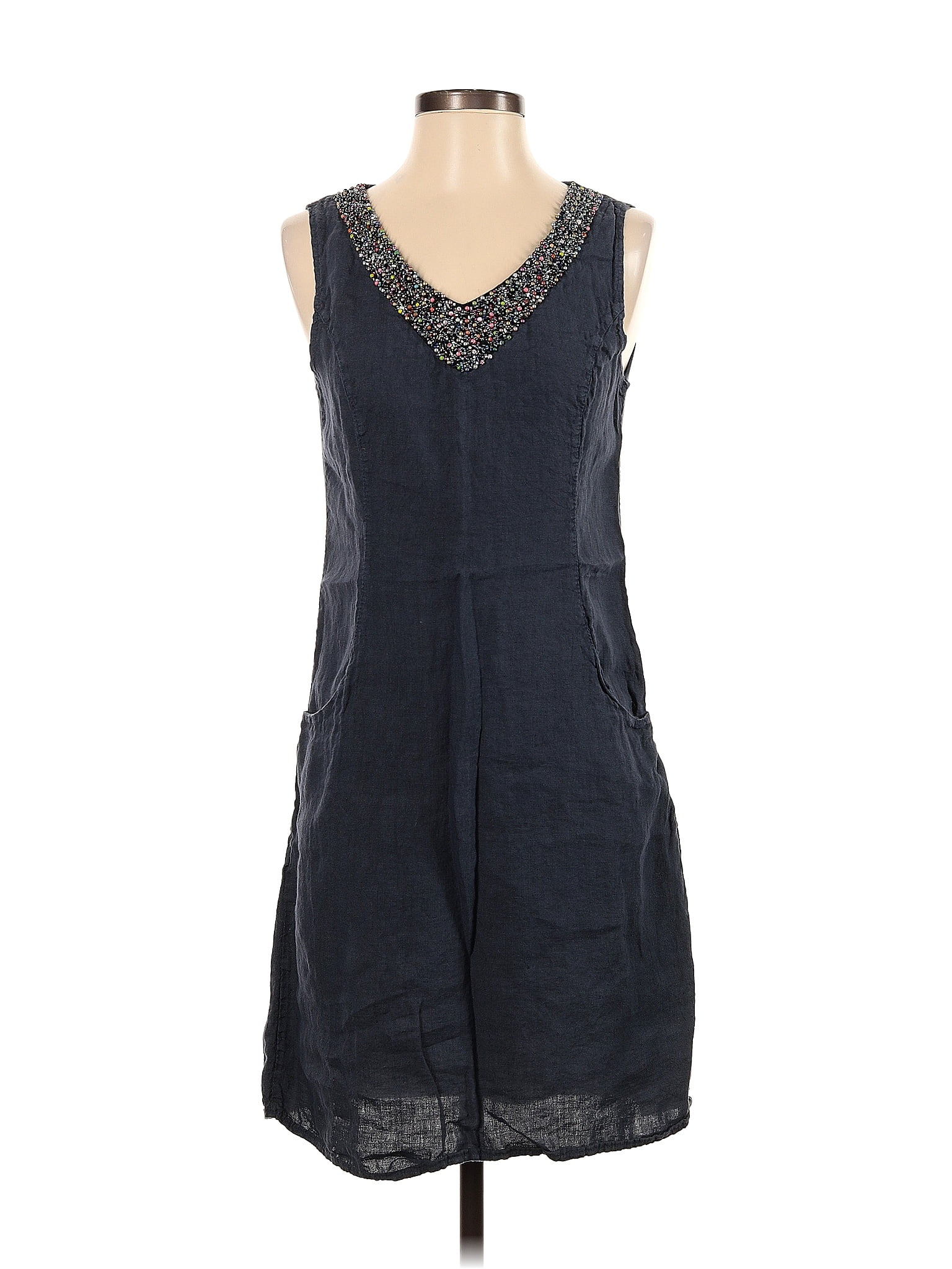 Lina Tomei 100% Linen Solid Navy Blue Casual Dress Size S - 65% off 