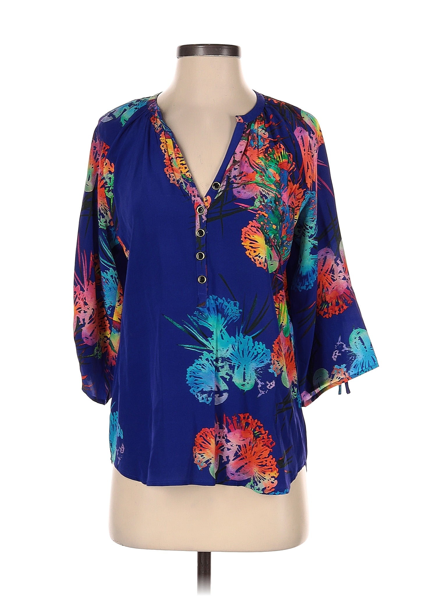 Yumi Kim 100 Silk Floral Tropical Sapphire Blue Long Sleeve Silk Top