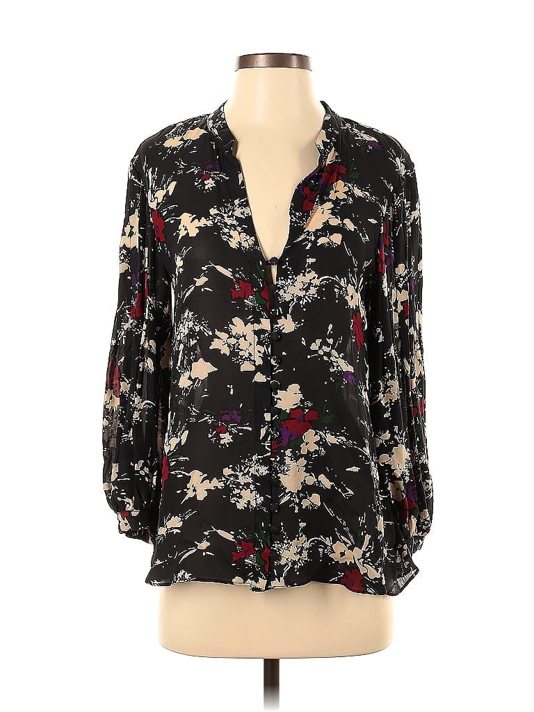 Parker 100% Silk Floral Black Long Sleeve Silk Top Size XS - photo 1