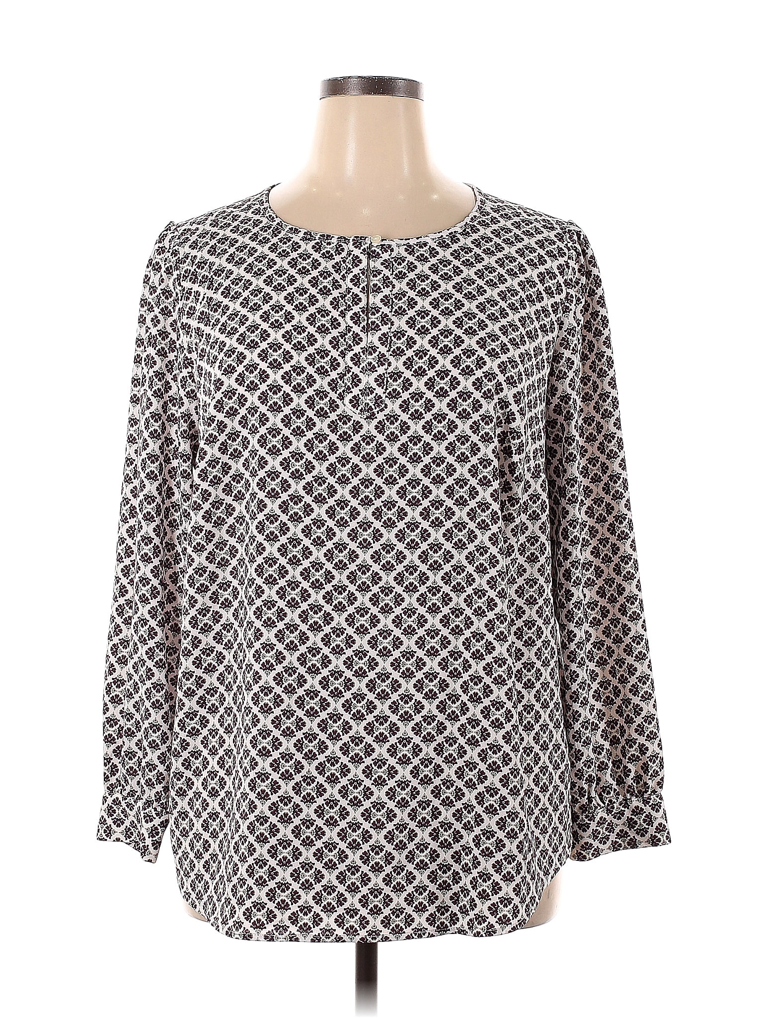 Ann Taylor LOFT 100% Polyester Checkered-gingham Gray Long Sleeve ...