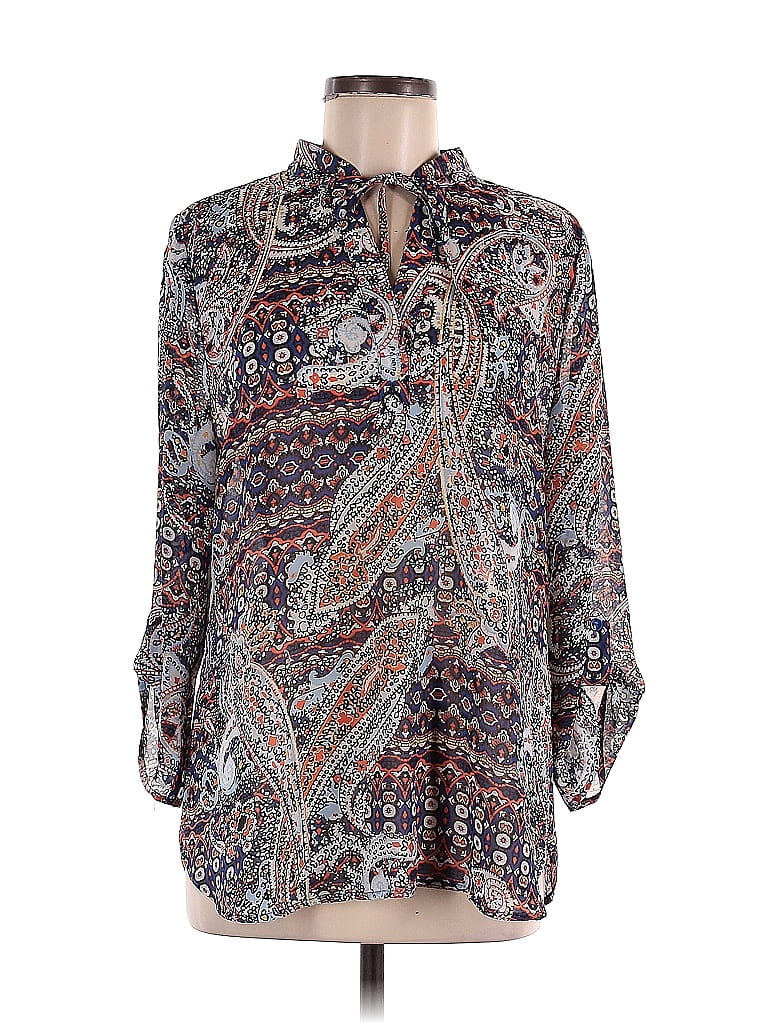 Chico's 100% Polyester Paisley Baroque Print Silver Long Sleeve Blouse ...